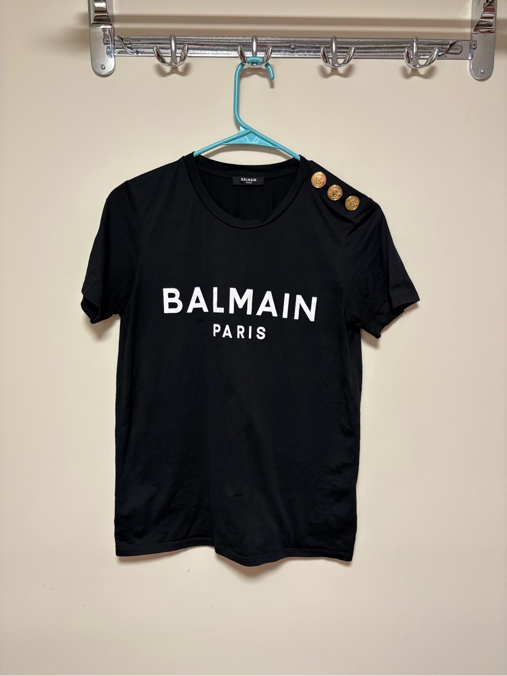 Balmain Black Logo Tee with Gold Shoulder Buttons